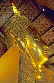 Head, reclining Buddha in Wat Pho, Bangkok, Thailand, December 2002, vintage, retro, old, historic