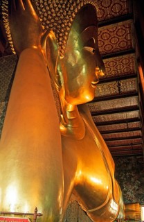 Reclining Buddha in Wat Pho, Bangkok, Thailand, December 2002, vintage, retro, old, historic