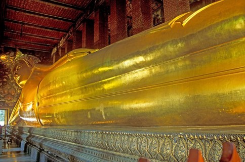 Reclining Buddha in Wat Pho, Bangkok, Thailand, December 2002, vintage, retro, old, historic