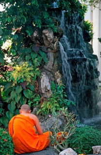Meditating monk, waterfall, Wat Pho, Bangkok, Thailand, December 2002, vintage, retro, old,