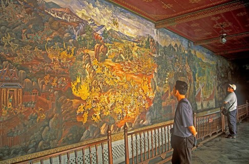 Wall painting, Grand Palace at Wat Phra Kaeo, Bangkok, Thailand, December 2002, vintage, retro,