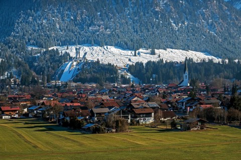 View of Oberstdorf, back left Orlen Arena ski jumping hills, Oberstdorf, Oberallgäu, Allgäu,