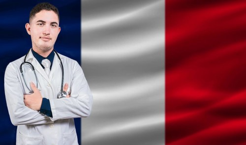 Portrait of medical professional on France flag background. French national health system