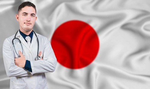 Portrait of medical professional on Japan flag background. Japanese national health system