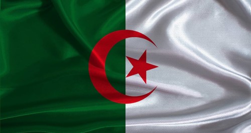 Algeria flag with cloth textured background. National flag of Algeria with realistic texture