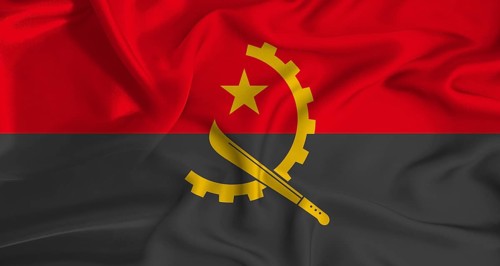 Realistic Angola flag waving. Close up of flag of Angola with cloth texture