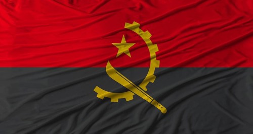 Angola flag waving. Flag of Angola with cloth texture