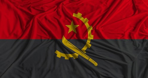 Angola flag with fabric texture background. National flag of Angola with cloth texture