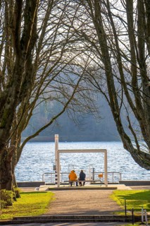Winter at Lake Baldeney in Essen, Strandbad boat stop, closed in winter, tree-lined avenue leading