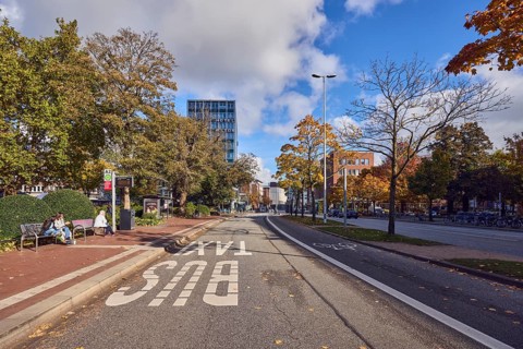 Andreas-Gayk-Straße bus stop, Hotel Astor Kiel by Campanile, bus lane, taxi lane, lantern, modern