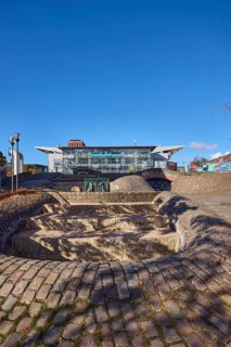 Wunderino Arena multi-purpose hall or former Baltic Sea Hall, pedestrian zone, square, fountain,