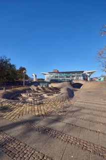 Fountain complex, multi-purpose hall Wunderino Arena or former Baltic Sea Hall, pedestrian zone,