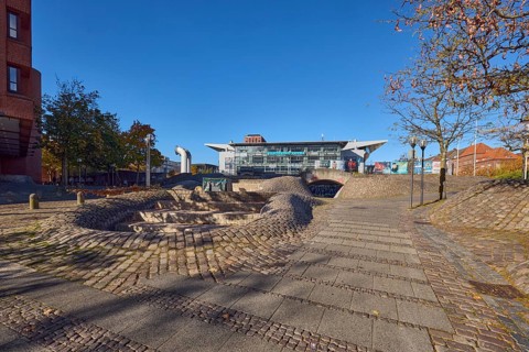 Fountain complex, multi-purpose hall Wunderino Arena or former Baltic Sea Hall, pedestrian zone,