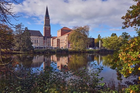 Kleiner Kiel, water area, lake, opera house, town hall tower, brick building, brick architecture,