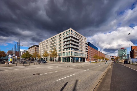General architecture, brick building, modern building, street, sidewalk, cycle path, lantern,