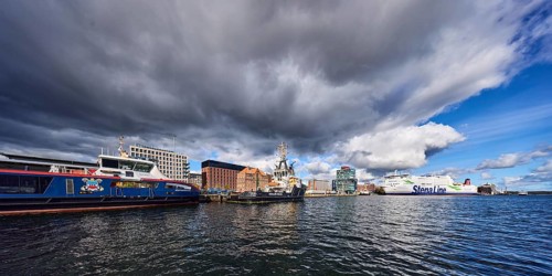 Kiel Fjord, port, pier, passenger ship, port and sea tug, ferry ship, general architecture, brick