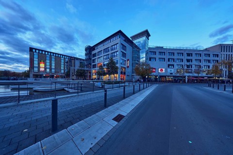Holstenfleet, water area, commercial building, modern architecture, road, curve, stainless steel