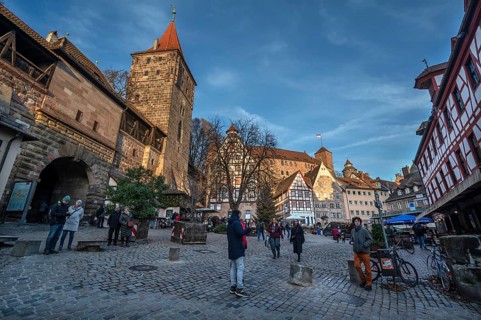 Medieval Tiergärtnertorturm, historic half-timbered houses and Kaiserburg, Tiergärtnertor in the