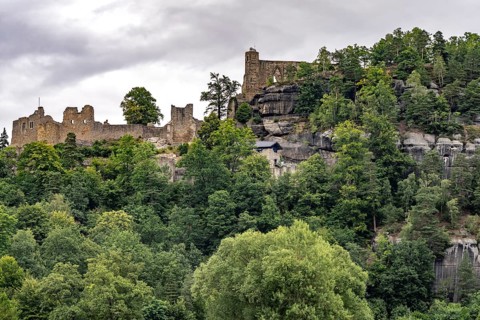 Castle and monastery ruins on Mount Oybin in Oybin, Zittau Mountains, Upper Lusatia, Saxony,