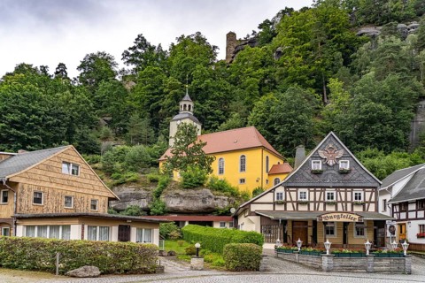 Castle cellar and baroque mountain church in Oybin, Zittau Mountains, Upper Lusatia, Saxony,