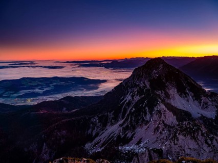 Dawn in the mountains, view of Salzburg with fog, Hochstaufen, Zwiesel, Bad Reichenhall,