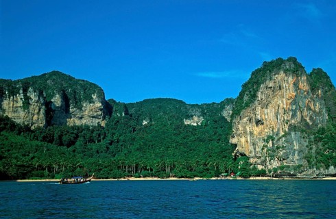 Longtail boat, mountains, Ton Sai beach, two years in front of the tsunami, Krabi, Thailand,