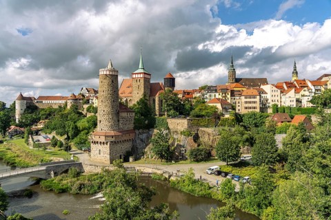 Ortenburg, Alte Wasserkunst, St. Peter's Cathedral, Wasserturm and the Spree in Bautzen, Upper