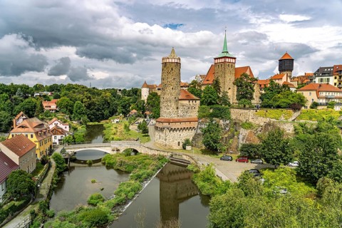 Ortenburg, Alte Wasserkunst, St. Michael's Church, Wasserturm and the Spree in Bautzen, Upper