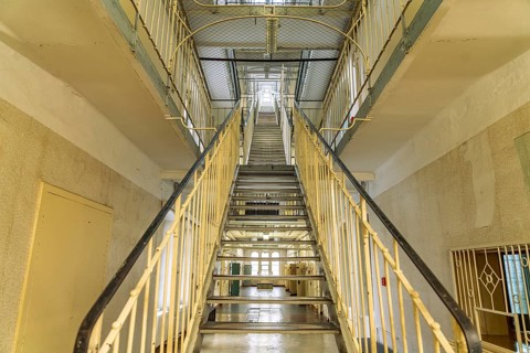Central staircase in the interior of the former Stasi prison Bautzen II, today a memorial in