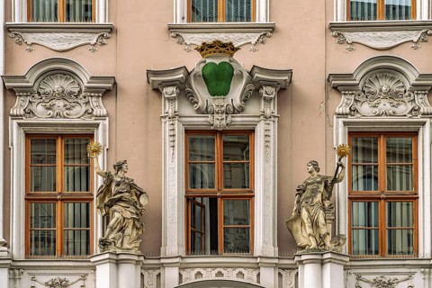 Detail of the baroque Bürgerhaus Hartmannsches Haus on the main market in Bautzen, Upper Lusatia,