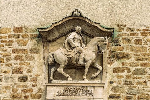 Equestrian statue of King Albert of Saxony at the Lauenturm in Bautzen, Upper Lusatia, Saxony,