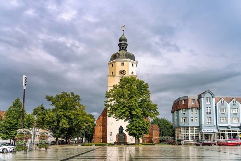 Market square and Paul-Gerhardt church in Lübben in the Spreewald, Brandenburg, Germany