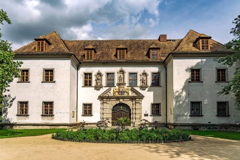 The Old Muskau Castle in the UNESCO World Heritage Site Muskauer Park or Park Muzakowski in Bad
