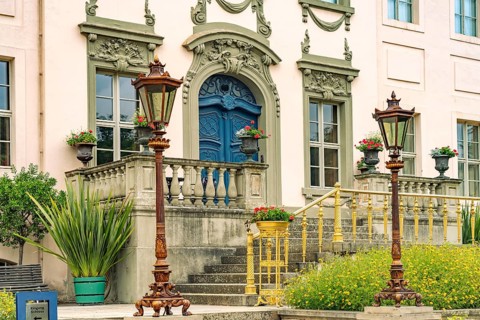 Entrance to Branitz Castle in the landscape park created in 1846 by Prince Hermann von