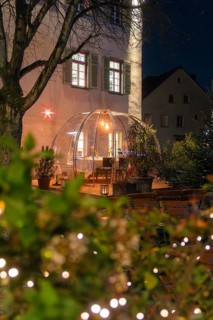 An illuminated dome at night, surrounded by trees and decorative lighting, with windows in the