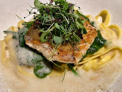 Cod fillet on tagliatelle, noodles, cress, white wine foam, food, Stuttgart, Baden-Württemberg,