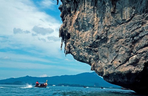 Longtail boat, rocks in the sea, Krabi, Thailand, December 2002, vintage, retro, old, historic