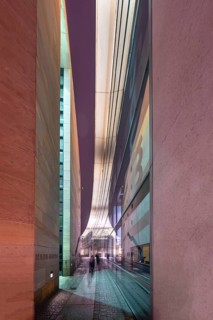 Evening reflection in the glass façade of the Neues Museum, State Museum of Art and Design,
