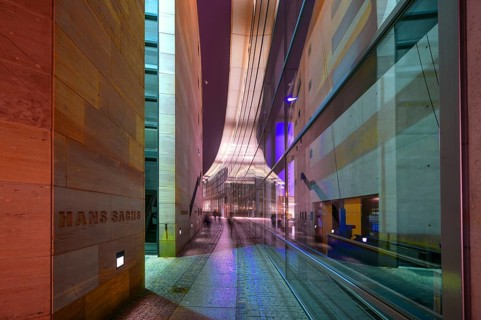 Evening reflection in the glass façade of the Neues Museum, State Museum of Art and Design,