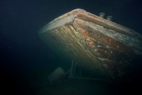 Ledi wreck, wreck of a Ledi ship, cargo ship for mass freight, bulk cargo taken at night in Lake
