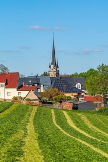 View across a mowed field to St. Lawrence Church and houses in the town of Elterlein, Ore