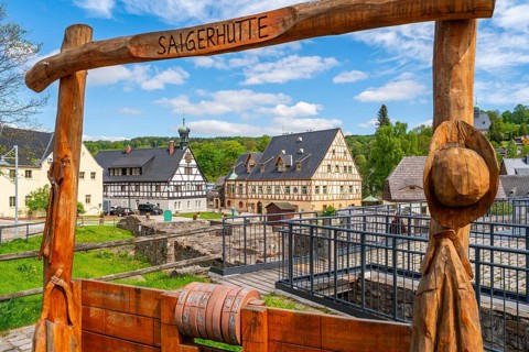 Ruins of the Saigerhütte, half-timbered house historic tavern and house of the grower, today hotel,