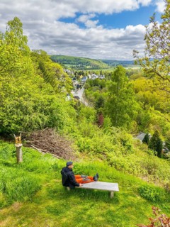 Aerial view, drone photo: Hiker on a bench looking out over the Flöha Valley, Oberneuschönberg,