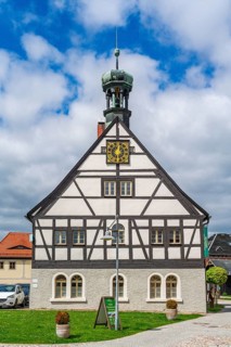 Half-timbered house historische Hüttenschänke, now hotel, Museum Saigerhütte Grünthal, Olbernhau,