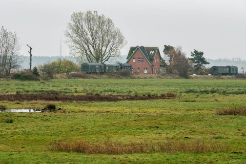 Former Bresewitz station with old railroad cars, near Zingst, Mecklenburg-Western Pomerania,