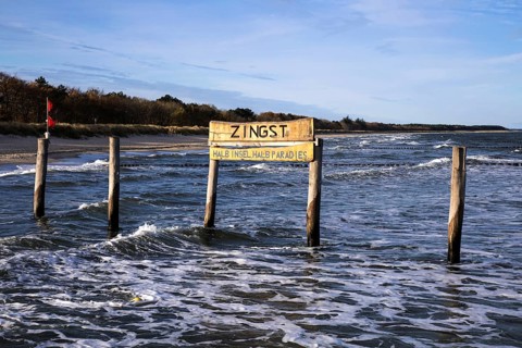 Wooden poles in the sea with wooden sign Zingst Half Island Half Paradise, Zingst,