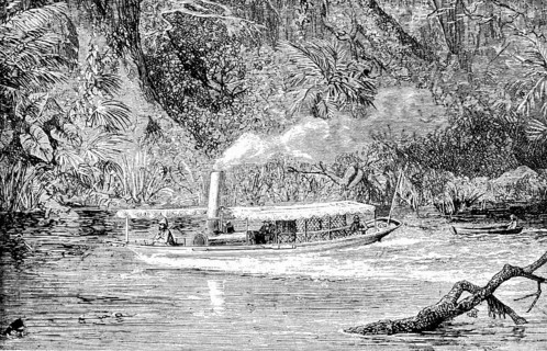 Research trip on a river in New Guinea, steamboat, sailing, rowing boat, smoke, tropical climate,