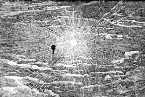 An enchanting scene seen from a balloon, meteorology, central sun, sunshine, sunrays, cloudy sky,