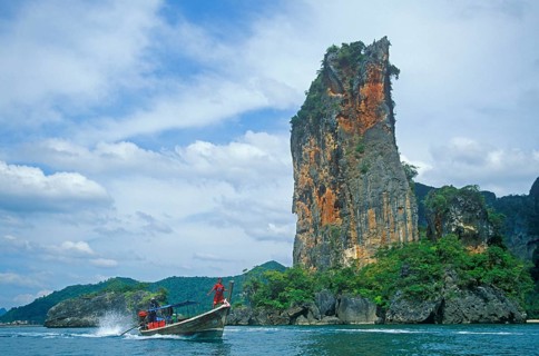 Rocks in the sea, longtail boat, two years in front of the tsunami, Railay, Krabi, Thailand,