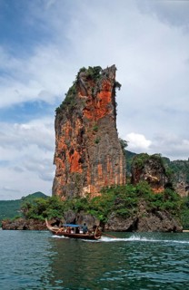 Rocks in the sea, longtail boat, two years in front of the tsunami, Railay, Krabi, Thailand,